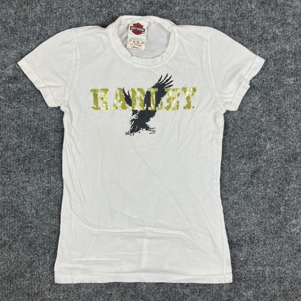 Harley-Davidson TShirt Womens S White Graphic Eagle Gold Foil Vintage